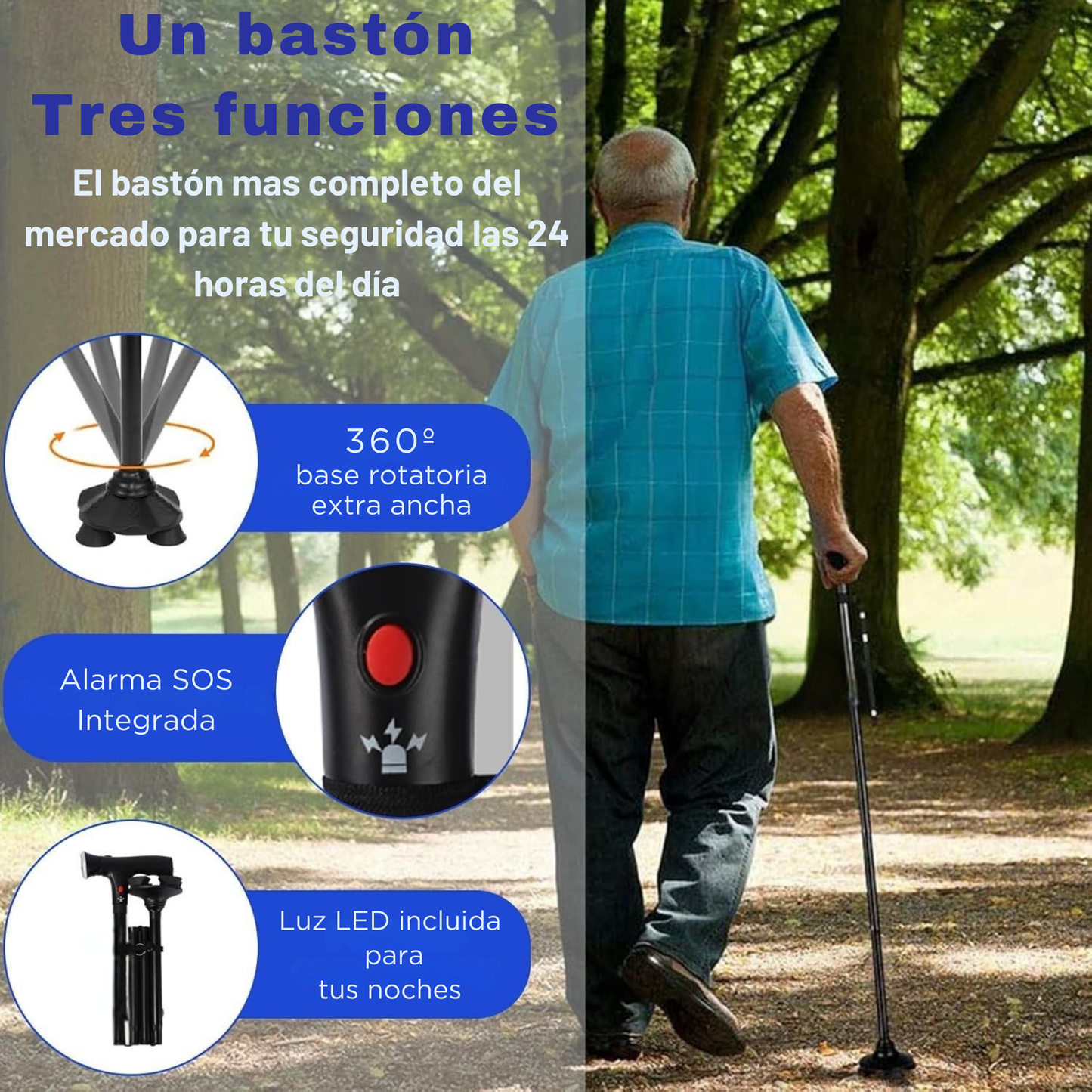 Bastón Seguridad 24H Smartia con Luz LED y Alarma de emergencia