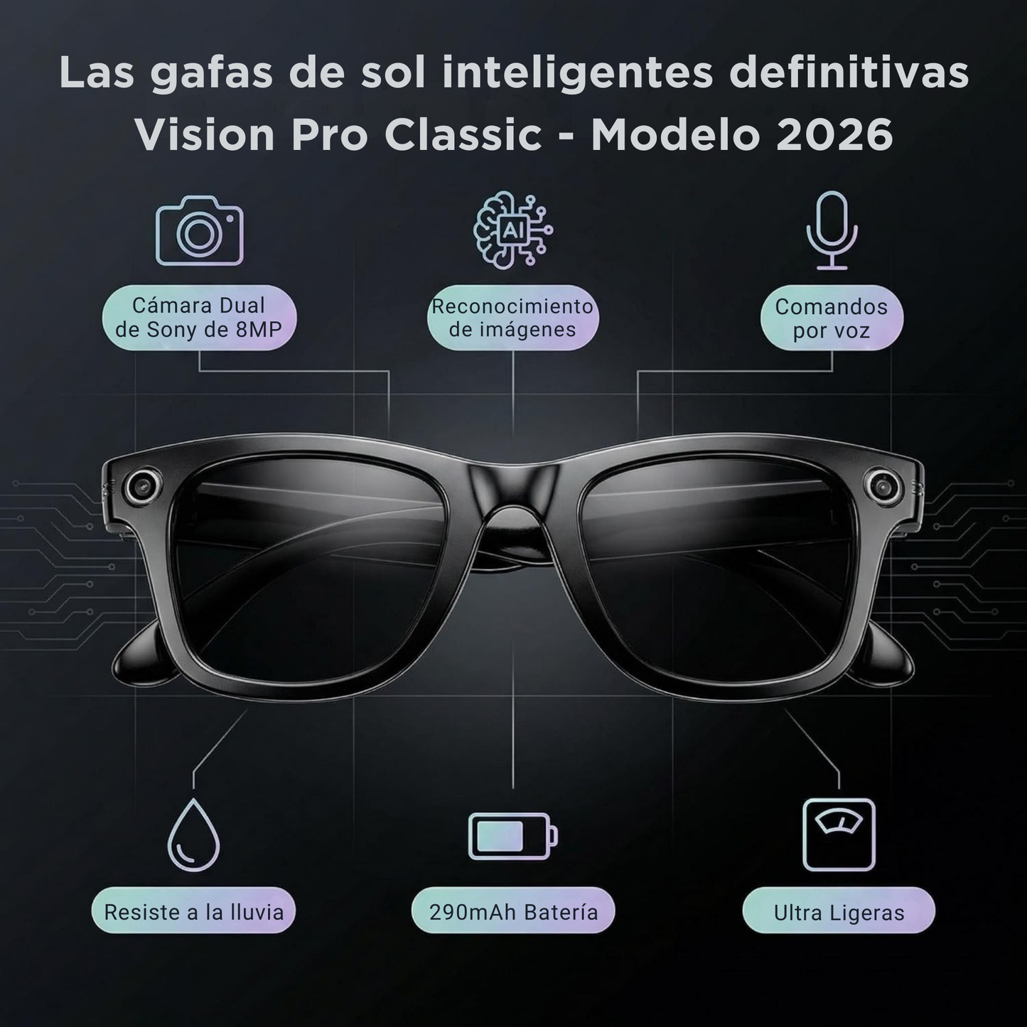 Smartia Vision Pro Classic Sun – Gafas Inteligentes de sol con Cámara, IA GPT y sonido HiFi