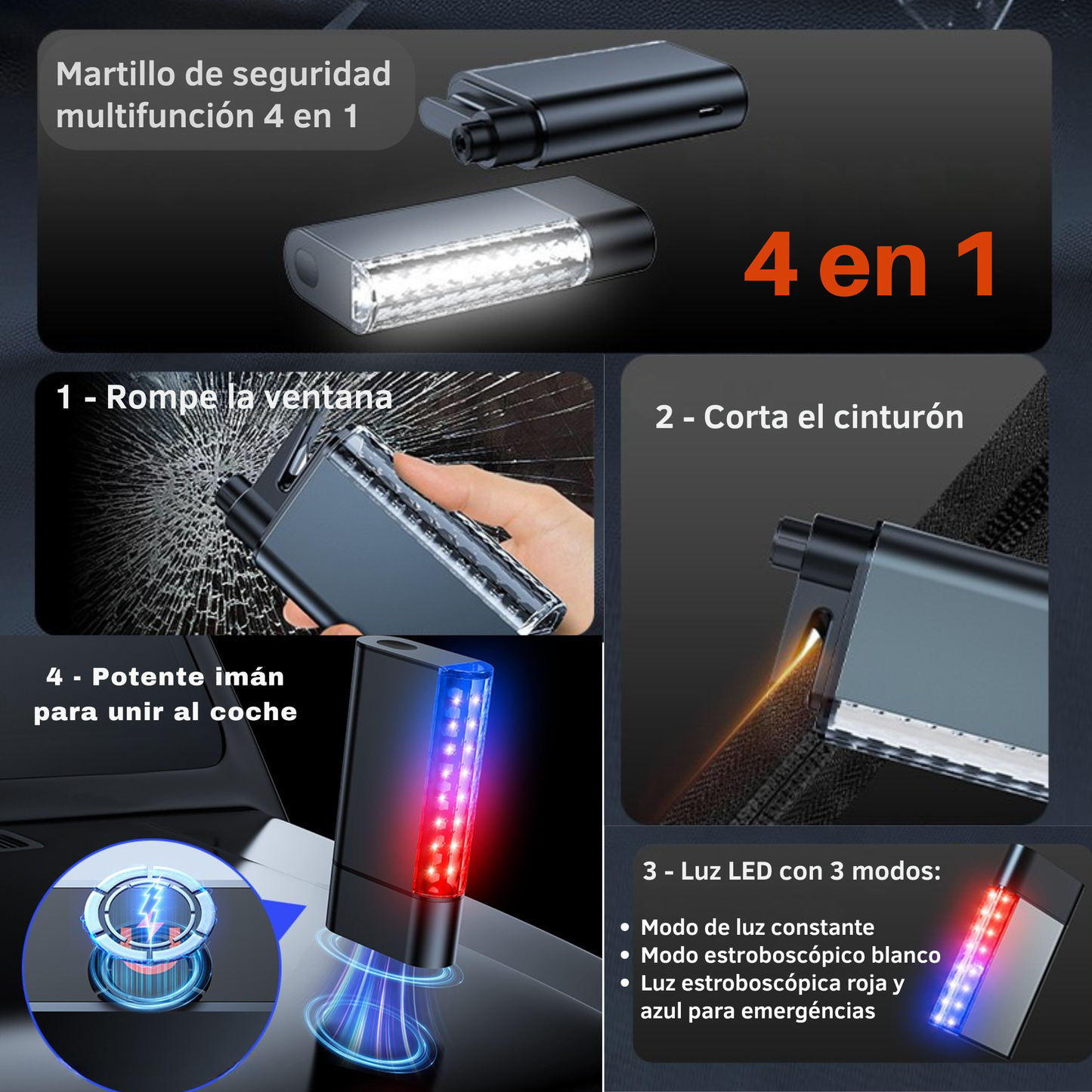 Martillo Rompecristales 4 en 1 Smartia