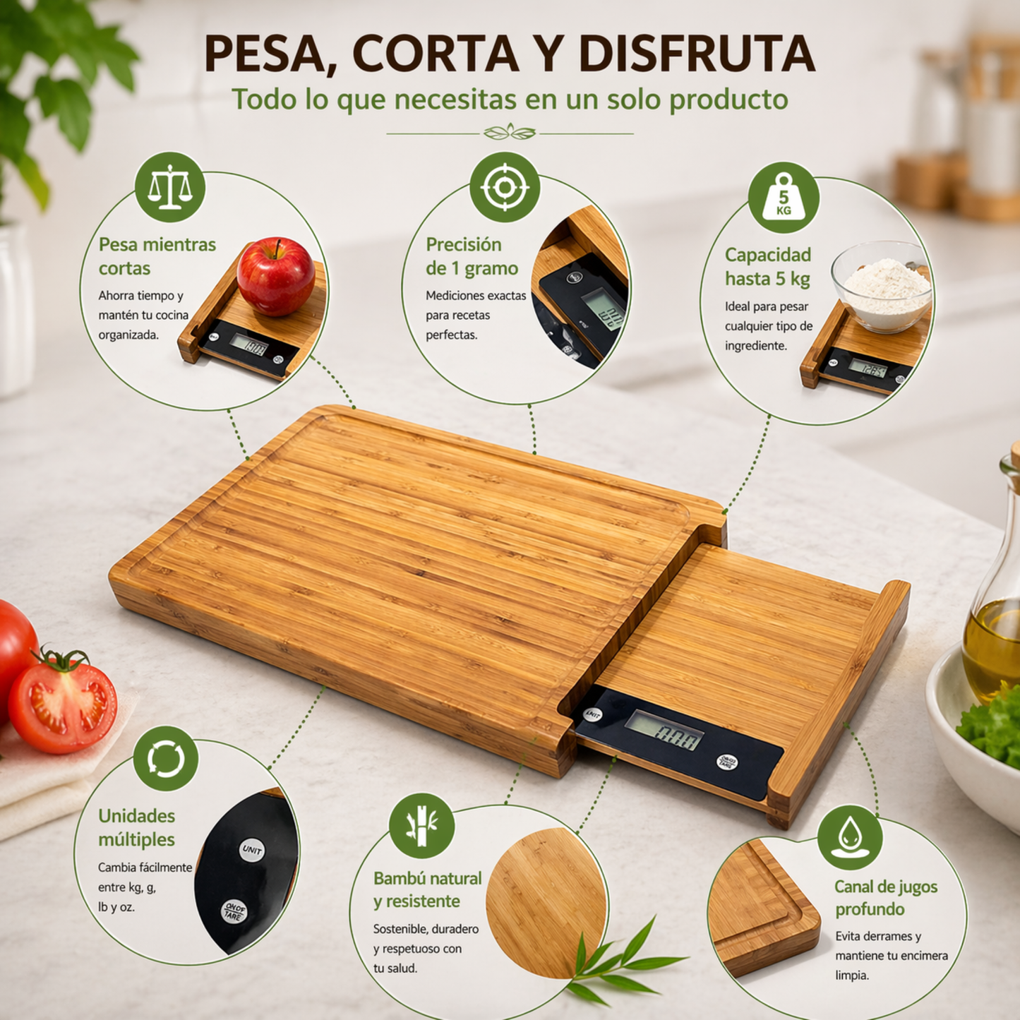 Tabla de corte de Bambú con Báscula incorporada