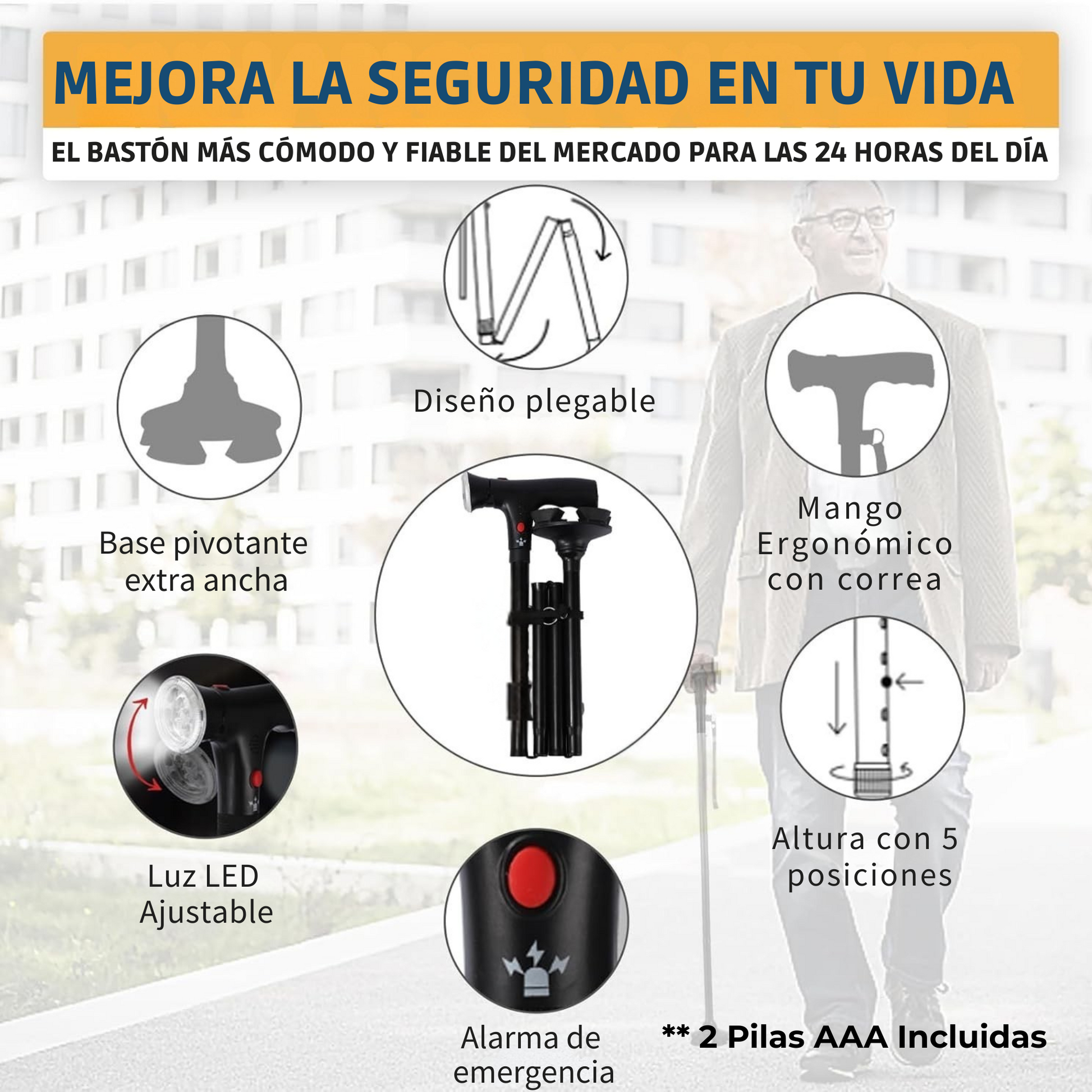 Bastón con alarma y Luz LED Resumen