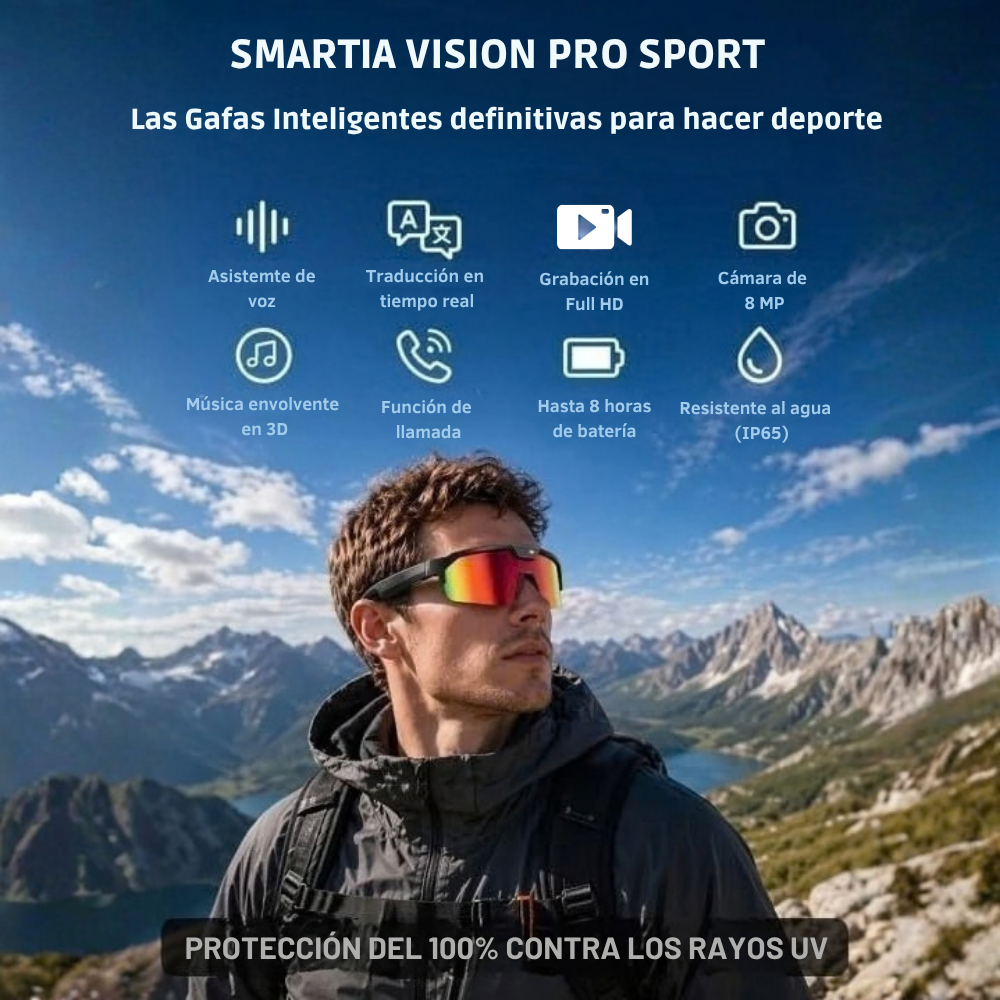 Smartia Vision Pro Sport - Gafas Inteligentes deportivas con cámara, IA GPT y sonido HiFi